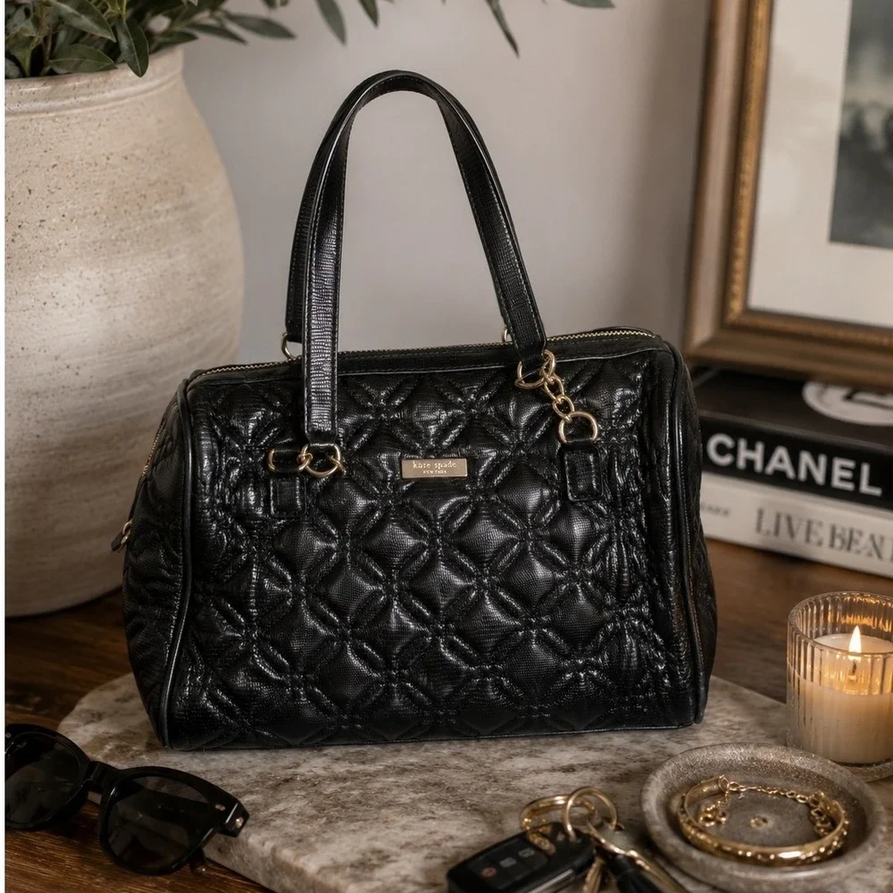 Kate Spade Satchel Womens Quilted Embossed Leather Shoulder Bag Black